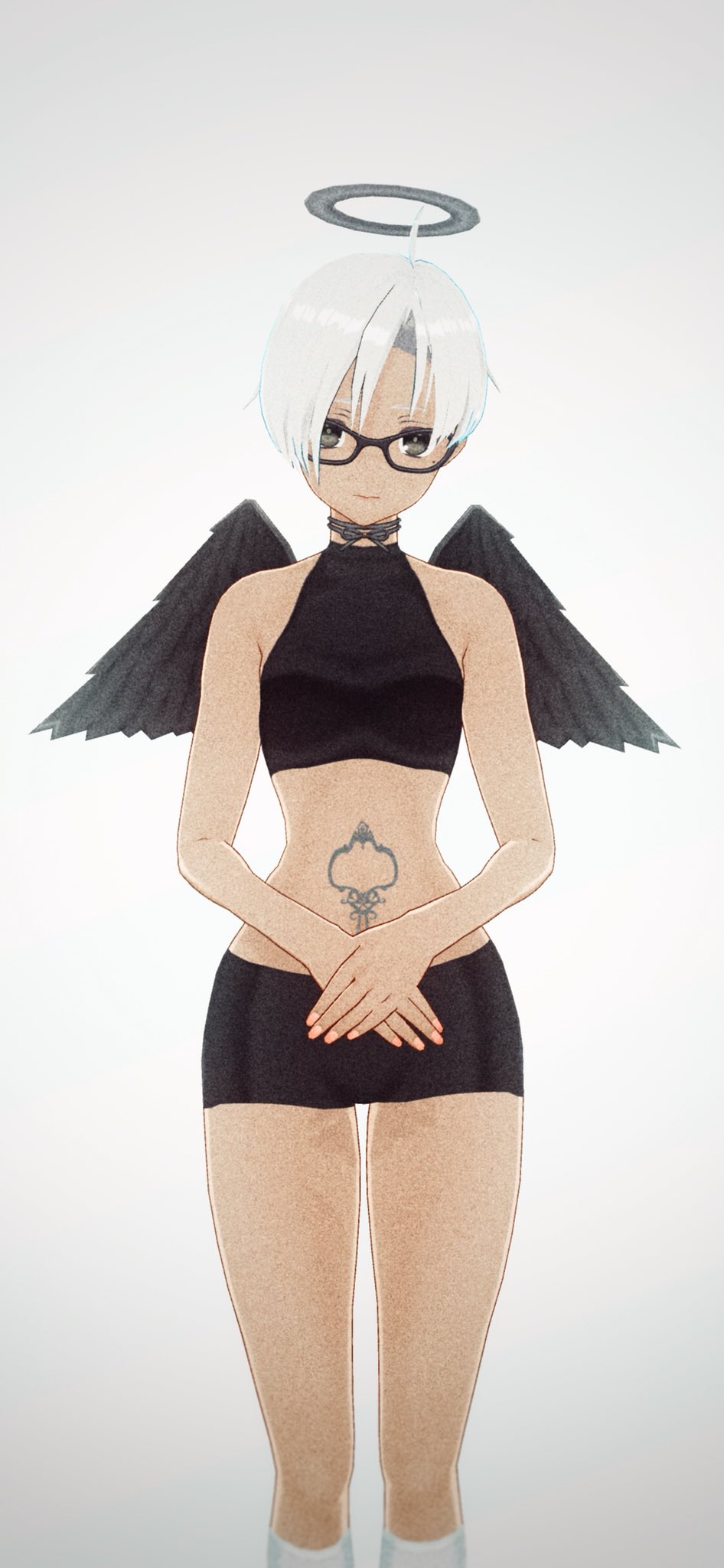 a 3d rendered image of a female animestyle character with short white hair and glasses. she has black angel wings, a halo, and a black outfit consisting of a halter top and short skirt. she has a tattoo on her lower stomach and is posed with her hands clasped in front of her against a plain white background. the lighting is soft and the overall aesthetic is delicate and somewhat melancholic.