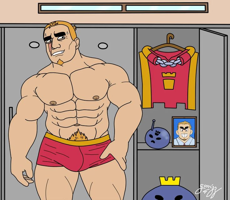 the image is a cartoon drawing of a muscular, lightskinned man with blond hair and a goatee standing in a locker room. he is wearing red boxer shorts and has a small scar on his face. his attire hints at a playful, possibly superherothemed context. in the locker, there's a red cape with a crown emblem, a small purple bomblike object, and a framed portrait of a man. the overall style is reminiscent of anime or manga, with bold outlines and flat colors. the man's expression is subtly mischievous. the drawing style emphasizes the man's physique, suggesting a focus on themes of masculinity and possibly a homoerotic subtext.