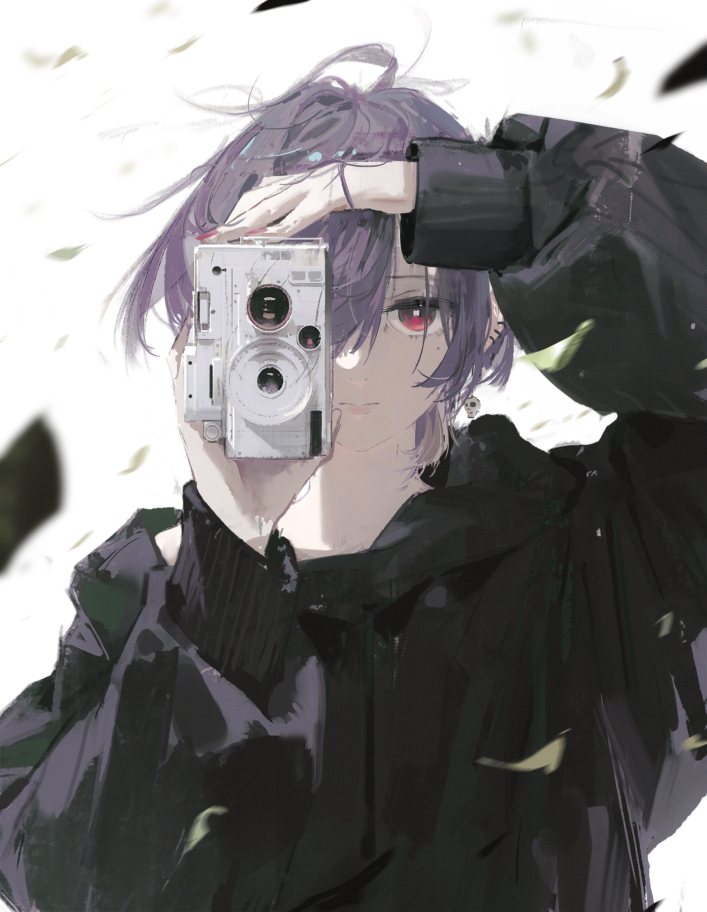 a digital illustration of an anime girl with purple hair, wearing a black jacket, looking at a camera. the girl is drawn in a style that is both realistic and stylized. the background is a simple white, which allows the girl to stand out.