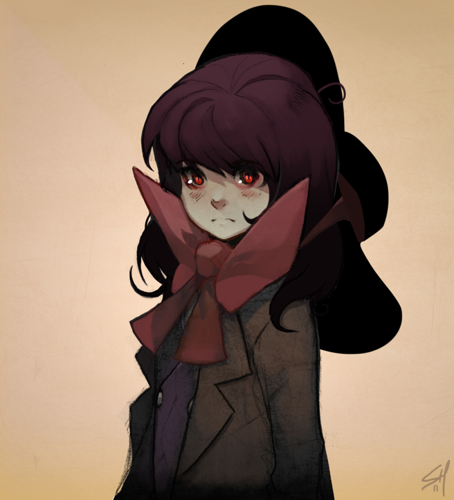 the image shows a young, stylized girl with large red eyes and long, dark purple hair. she wears a large black hat that partially obscures her face, and a dark coat with a prominent pink bow.  her expression is neutral, with a hint of shyness. the overall style is reminiscent of anime or manga.