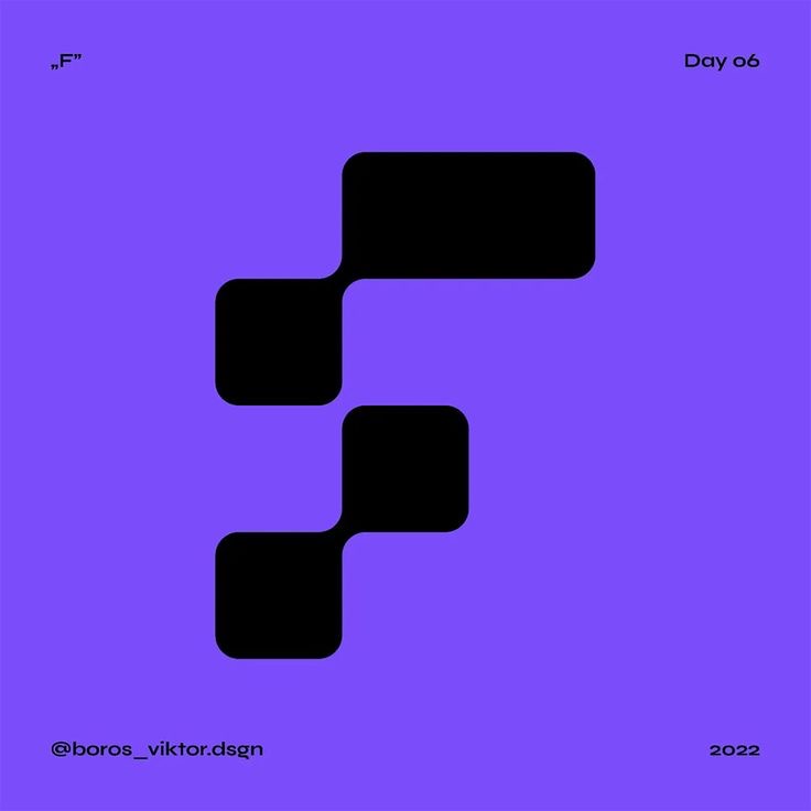 this is a logo design for the letter "f". it features an abstract, geometric design in black and white on a purple background.