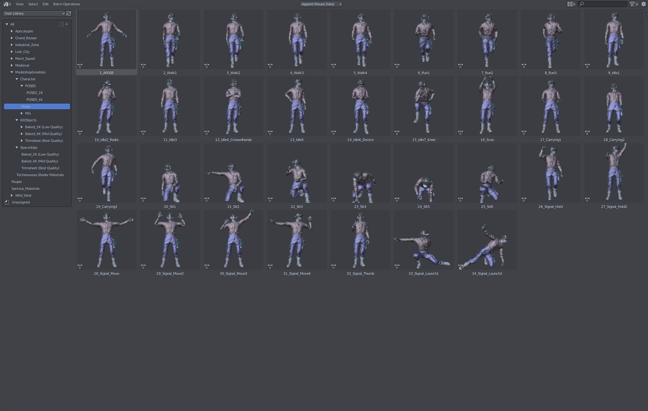 the image shows a screenshot of a 3d modeling software, possibly blender, displaying a library of various poses for a 3d character model. the library is organized into categories such as "walk", "idle", "carry", "signal", etc.  each pose is shown as a thumbnail image of the 3d character model in a specific pose. the poses range from standard movement actions (walking, running) to more unique poses (signal poses, carrying). the character appears to be a human male model, and the overall style suggests the model is intended for use in video games or similar applications.  the interface shows a lefthand panel with categories of assets in a user library.