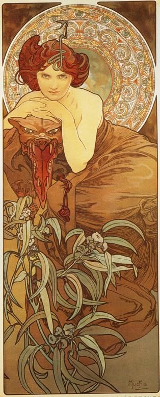 a painting in the art nouveau style by alphonse mucha depicting a beautiful woman with red hair and fair skin. she leans against a fearsome dragonlike creature with an open mouth revealing sharp teeth and a long red tongue. a snake is coiled in her hair. the background features a decorative ornamental circle. in the foreground are plants and flowers.