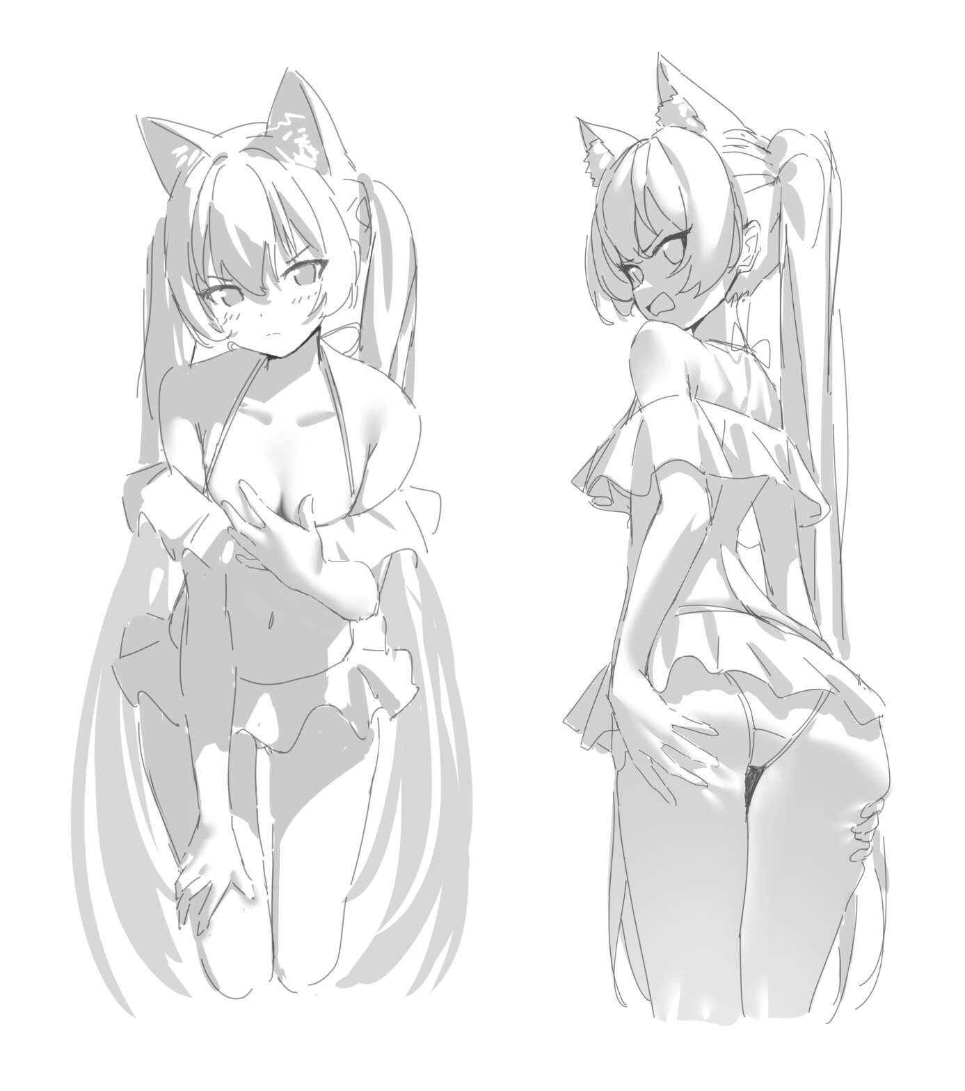 he image contains two sketches of animestyle female characters.  both characters have long hair styled in pigtails, catlike ears, and are wearing similar lightcolored, ruffled swimsuits.  the character on the left appears more demure, her hands near her chest, while the character on the right has her hand on her hip, suggesting a more confident pose. both drawings use a grayscale palette and a loose, expressive line style, typical of concept art or character design sketches.  the shading suggests a light source from above and to the side.