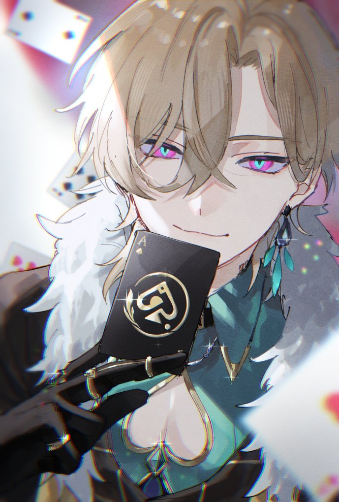 the image is a digital fanart depicting a stylish anime boy with long blond hair and vibrant purple eyes. he's dressed in an elegant outfit featuring a teal top with gold accents and a white fur collar. he holds an ace of spades playing card, suggesting a connection to gambling or casinos. the art style is detailed, with soft shading and vibrant colors, and includes bokeh and sparkles to add a sense of magic and glamour.  the overall mood is sophisticated and intriguing.