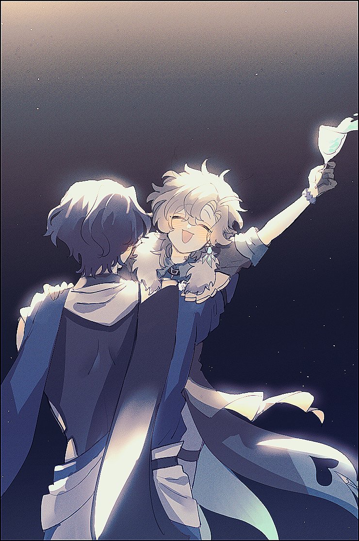 the image is a digital fanart illustration depicting two animestyle characters, one male and one female, in a close embrace.  the female character, with long white hair, is joyfully raised in the air, holding a glowing glass, radiating happiness. the male character, with short dark hair, holds her securely. their clothing is elegant and stylish, with flowing fabrics. the background is dark, creating a dramatic contrast with the bright lighting highlighting the characters. the overall mood is one of joy, celebration, friendship, and intimacy. the art style is soft and slightly ethereal.