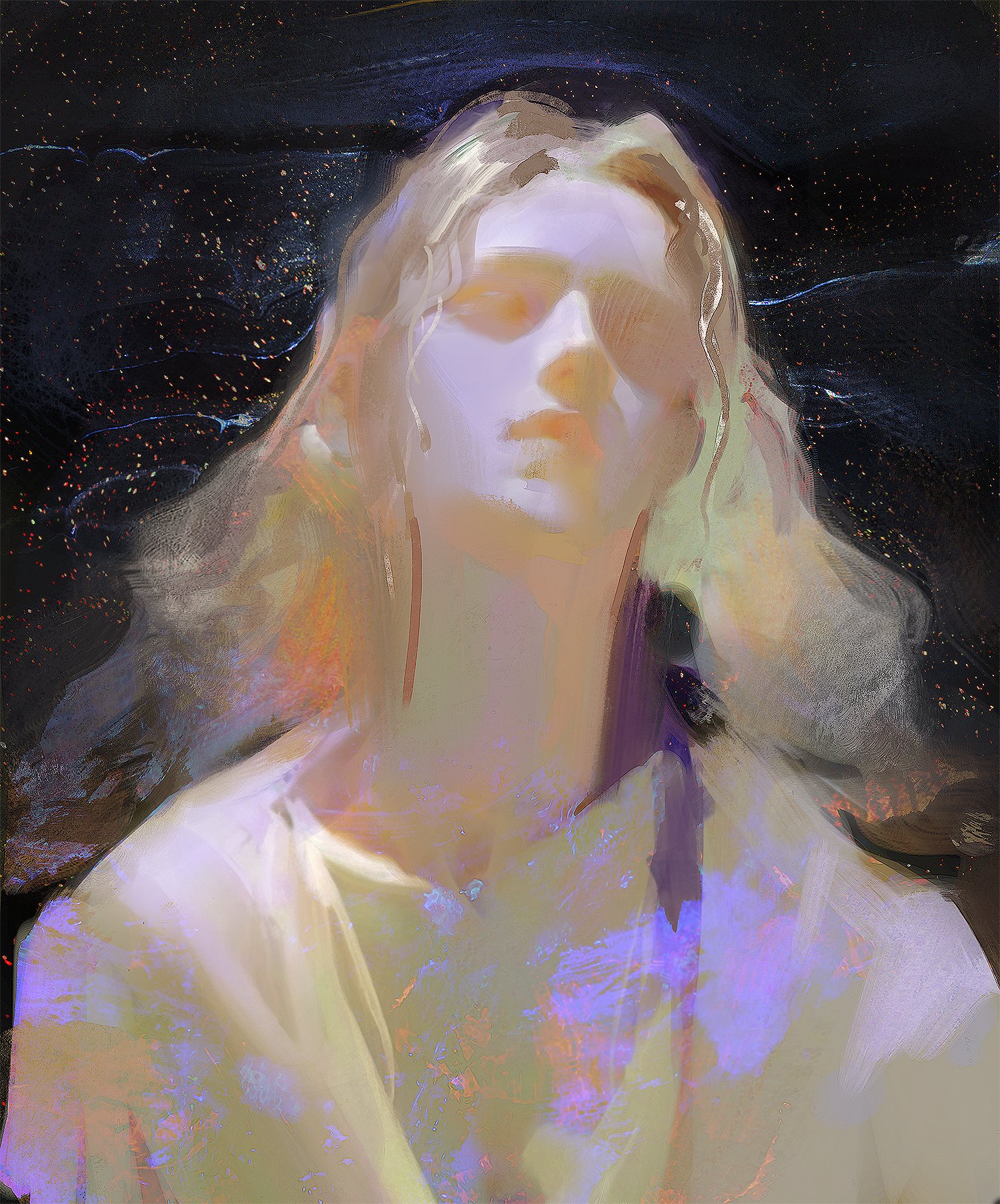 a closeup, digital painting of a woman's face. she has long blonde hair that is soft and flowing. her face is soft and ethereal, with a light, airy feel. she is looking out of the frame. her eyes are closed, and her lips are slightly parted. the background is a blur of color and texture, creating a dreamy atmosphere. the overall feeling of the painting is one of peace and tranquility.