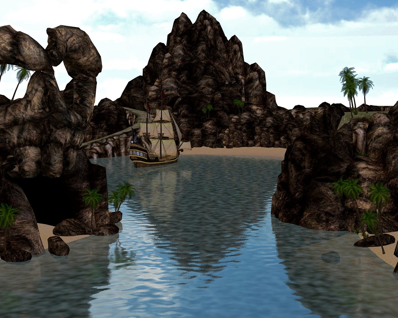 a scenic view of a ship sailing in a secluded cove surrounded by rocky cliffs, caves, palm trees, and a sandy beach. the water is calm and reflects the sky, adding to the idyllic island paradise feel.