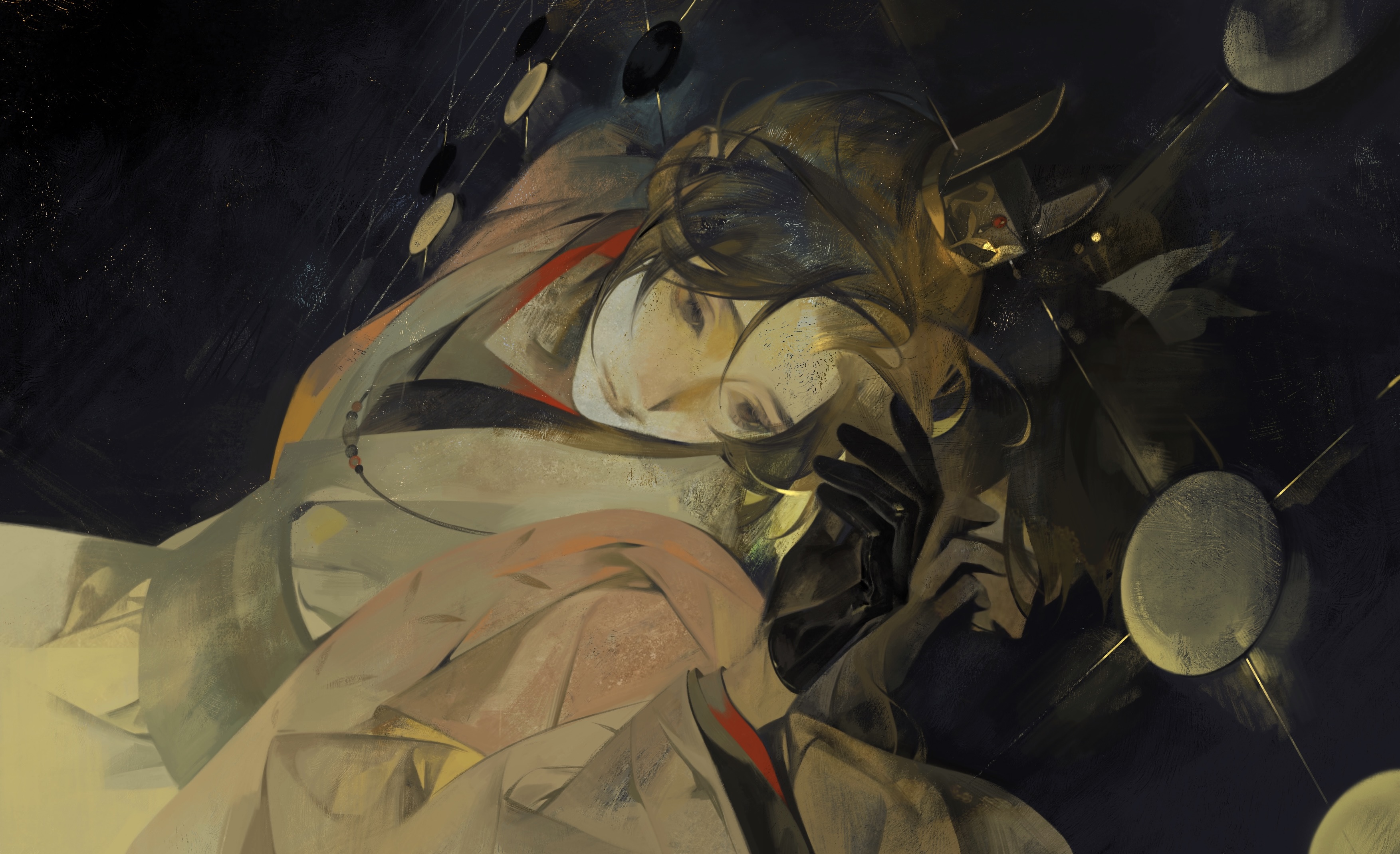 a woman with long dark hair is resting her head on her hand in the shadows of an abstract celestial scene. there are many moons and stars around her as if she is in a magical night sky. she is dressed in a dark robe with gold accents and a string of beads around her neck. the art style is painterly and digital.