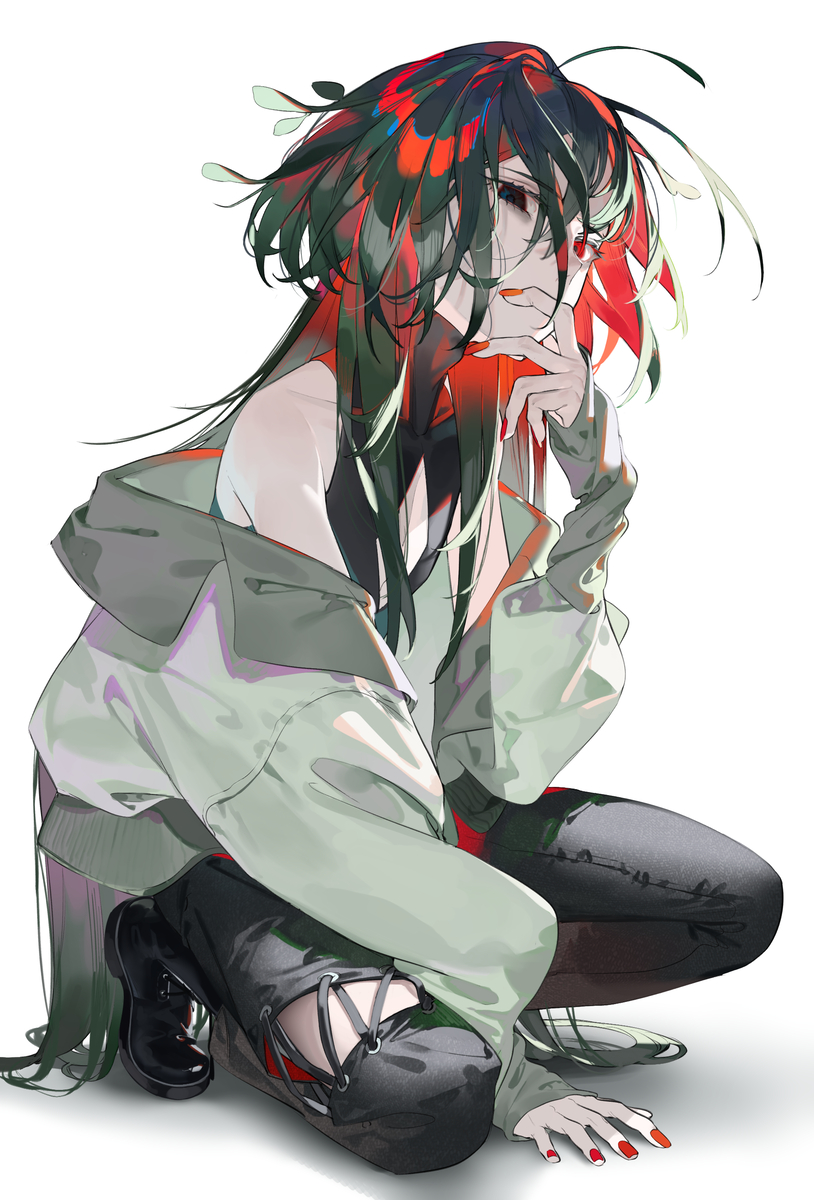 an animestyle illustration features a crouching male figure. he has dark, somewhat disheveled hair with highlights of red and green, and small leaflike elements intertwined. he is wearing a light green hoodie, a black top underneath, black pants, and black boots. his fingernails are painted red. one hand is resting on the ground while the other is placed near his chin, seemingly in a thoughtful pose. the background is a plain white.