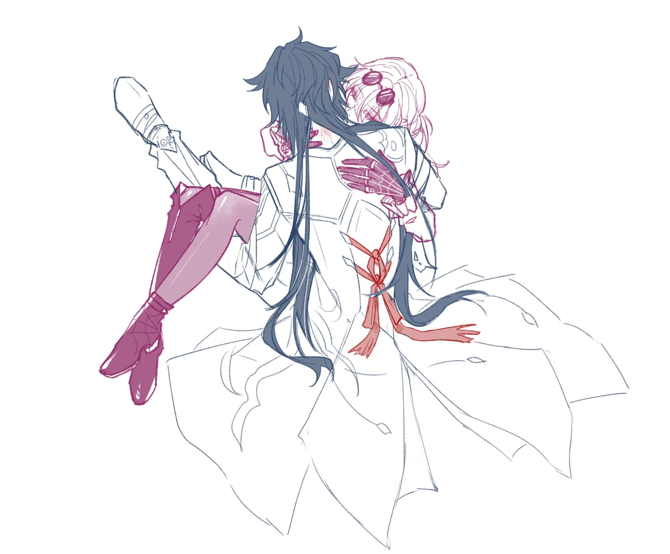 a drawing of an anime couple in a romantic embrace. the woman with black hair is holding the woman with pink hair in her arms, both with their eyes closed. they are both dressed in elegant clothing and the woman with black hair has a red ribbon tied around her waist.
