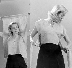 a black and white image shows a woman demonstrating a draping technique for clothing. on the left, she holds up a large piece of fabric in front of her, appearing to be measuring or preparing to drape it. on the right, she is shown with the fabric draped around her waist and tied, forming a garment resembling a skirt or dress.