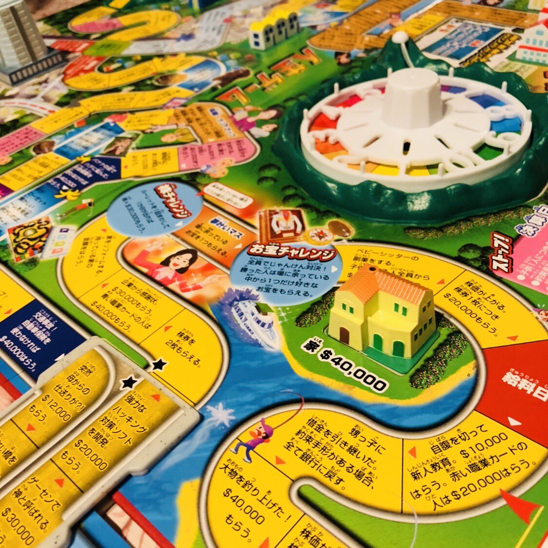 a closeup image of a japanese board game, similar in style to monopoly. the image focuses on a property space with a yellow house, a spinner,  and surrounding game board spaces featuring illustrations, japanese text, and monetary values.  the game likely involves real estate, money management, and career choices.