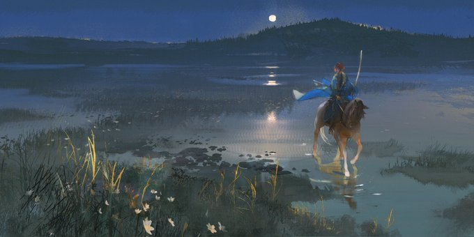 a lone rider on horseback traverses a moonlit swamp at night. the rider, clad in blue, holds a glowing object in their left hand.  the moon, high and full, casts long shadows and illuminates the water's surface. a dense forest covers the hills in the distance. the overall atmosphere is one of mystery and quiet adventure.