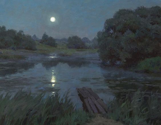 a painting depicting a serene moonlit scene. the centerpiece is a placid lake reflecting the soft glow of the moon. water lilies dot the surface of the water, adding to the tranquil atmosphere. lush greenery borders the lake, including a small wooden dock extending towards the water. the night sky is a deep blue, while the trees and grasses are rendered in various shades of green and blue, reflecting the cool moonlight.