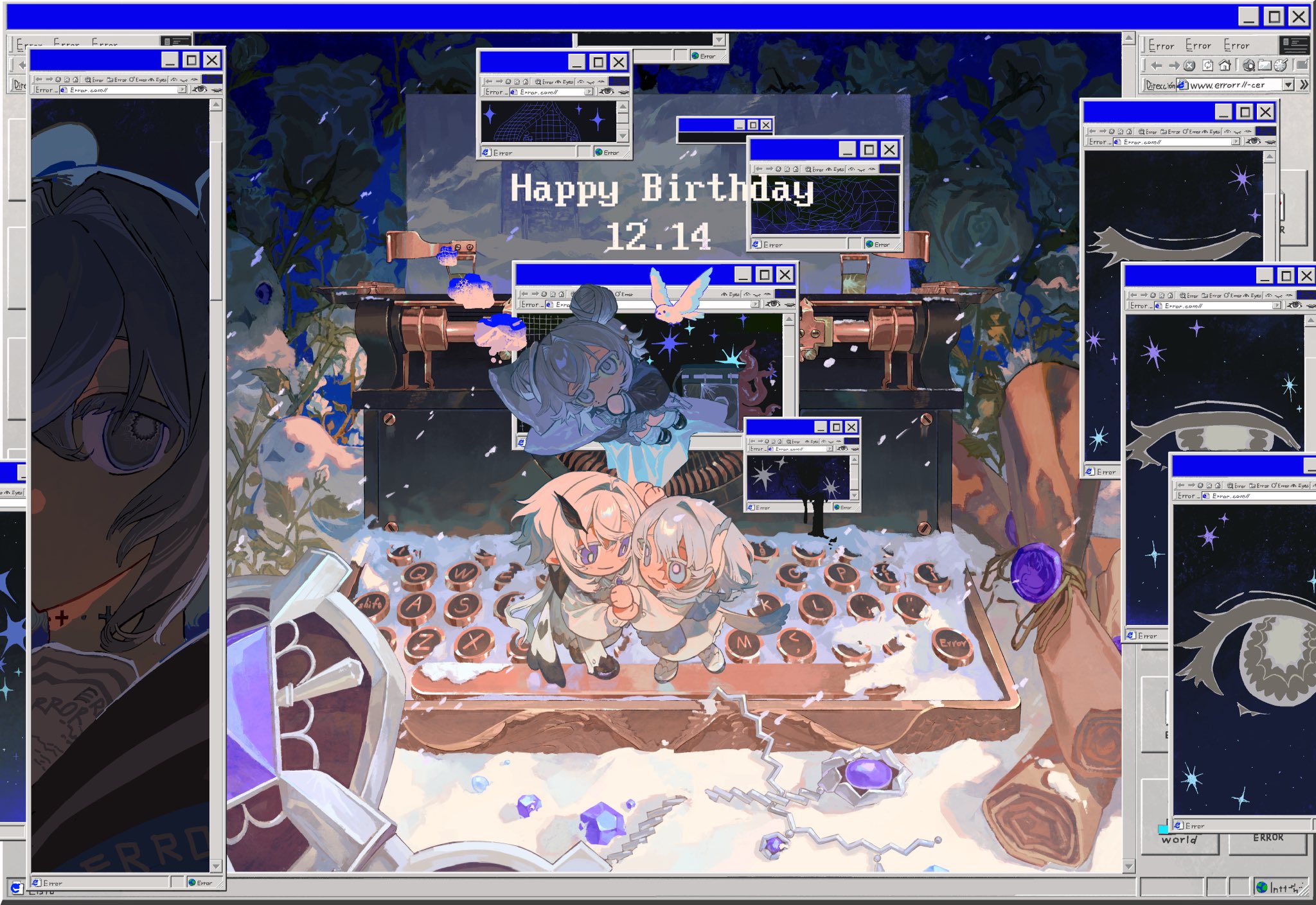 digital illustration of a birthday greeting for a couple, featuring the characters in anime style with a typewriter.  the illustration has a blue and white color scheme with a snowy background.
