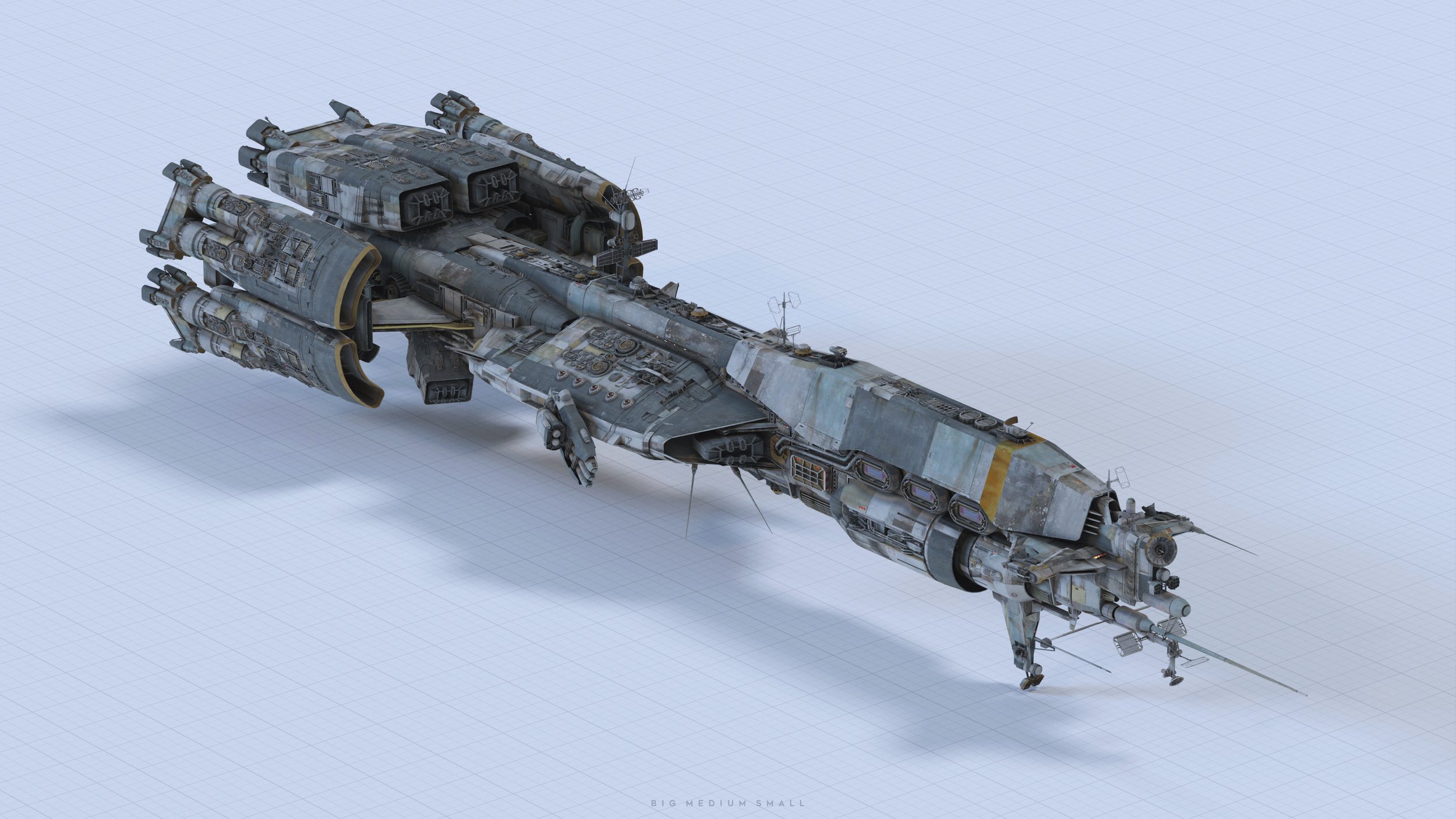 the image is a highdetail 3d rendering of a large, futuristic spaceship. the vessel is depicted in a weathered state, showing signs of wear and tear, possibly suggesting battle damage or age. it's a long, complex design with numerous engines, thrusters, and antennas visible. the spaceship's color palette is predominantly grey and muted, with some yellow accents. the background is a simple, light grid, enhancing the focus on the spaceship. the overall style suggests a science fiction setting. the bottom right corner includes subtle text reading “big medium small”.