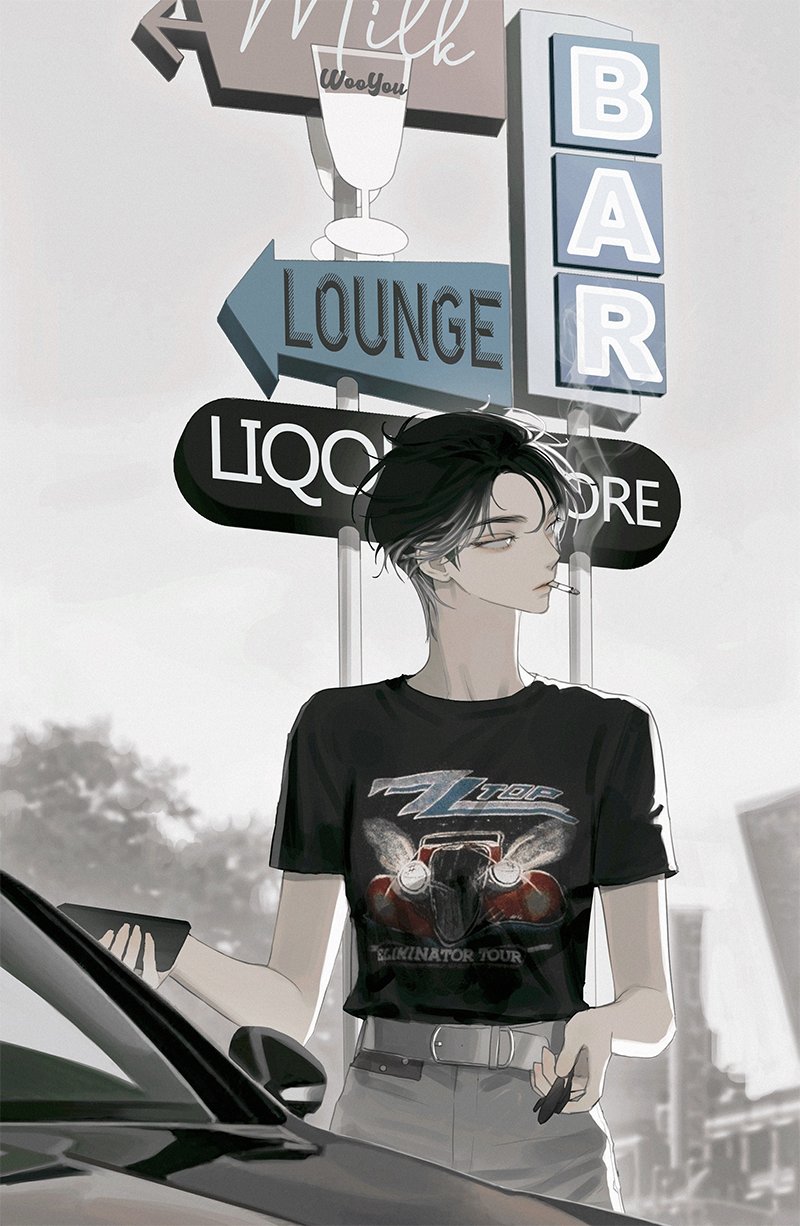 the image showcases an animestyle illustration of a stylish young male character with black hair, wearing a black tshirt featuring a vintage car design, and light gray pants. he is holding a cigarette and seems to be standing near a car, with various signs in the background indicating a bar, lounge, liquor store, and milk bar. the overall aesthetic is edgy and urban, with a blend of grayscale and monochrome colors. the character exudes a cool and stylish attitude.