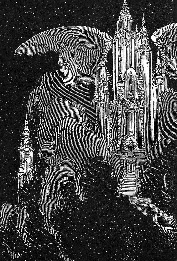a black and white illustration of a fantastical gothic city rising into a dark sky. the city is made up of tall, spired buildings that seem to pierce the clouds. the perspective is from below, looking up at the city. there are clouds swirling around the buildings, adding to the dreamlike and fantastical atmosphere.