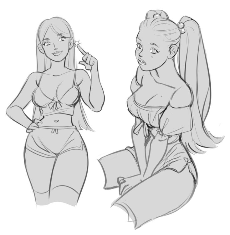 a sketch of two women, one sitting, one standing. they are both drawn in a simple, stylized manner. the woman sitting is wearing a lowcut top and a pair of short pants. the woman standing has her hand raised to her forehead. both women have long, flowing hair.