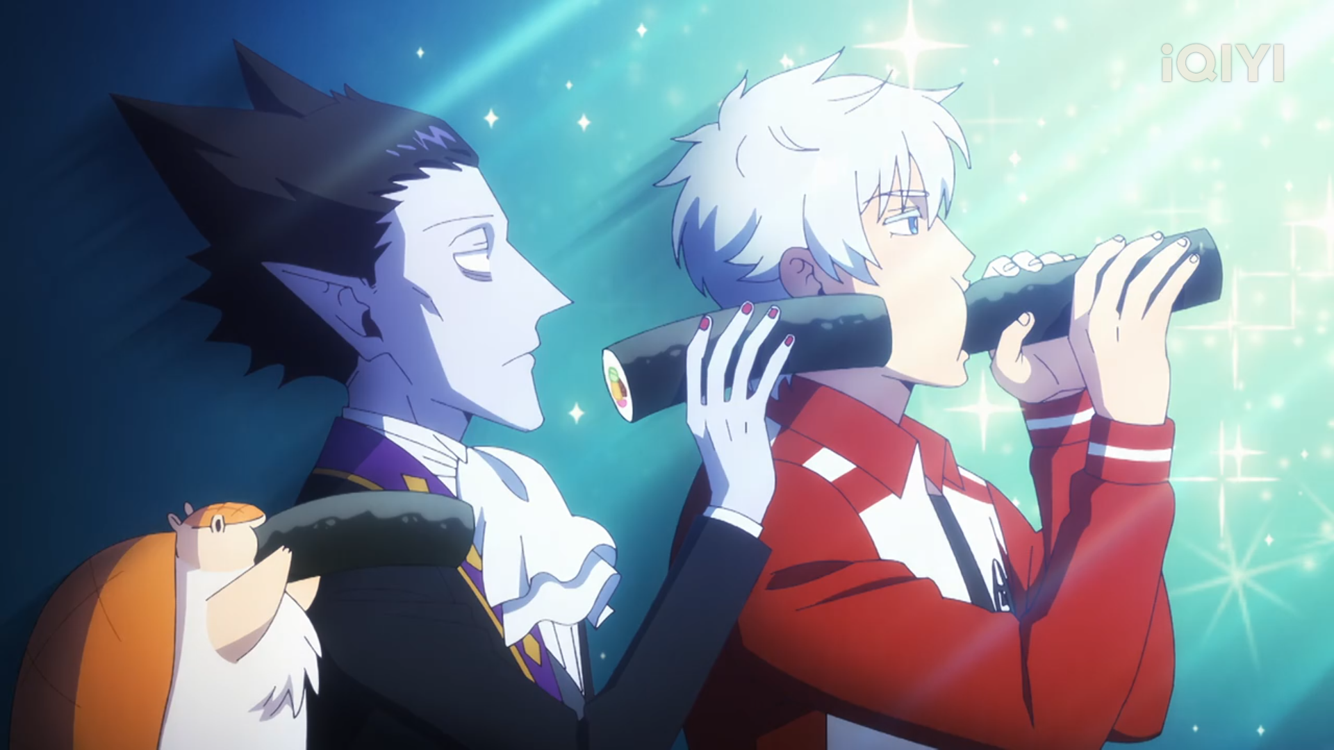 the image showcases three characters enthusiastically consuming sushi rolls. two are human males, one with white hair and a red and white outfit, the other with dark hair and a vampirelike appearance in a black and white suit. the third is an orange catlike creature also holding a sushi roll.  they stand on a stage bathed in bright, celebratory lighting, suggesting a fun, competitive atmosphere.