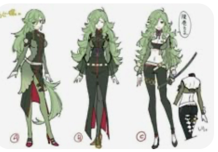 the image contains three sketches of a female anime character. the character has long green hair and wears different outfits in each sketch. the first outfit is a long black and green dress with a red sash. the second outfit is a long black and red dress with a green jacket. the third outfit is a black and white crop top with black pants and a green jacket. the character is holding a sword in one of the sketches. the sketches are in a simple style, and the character's features are not very detailed. the sketches are on a white background.