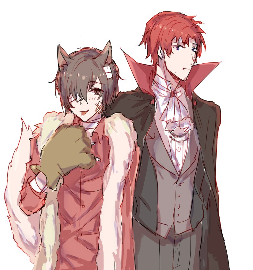 two anime boys are standing sidebyside. the one on the left is a furry with wolf ears and a white fluffy collar. the one on the right is a vampire with a black suit and a red cape. the furry is smiling with a mischievous expression, and the vampire has a more serious look on his face. they are both dressed up for halloween.