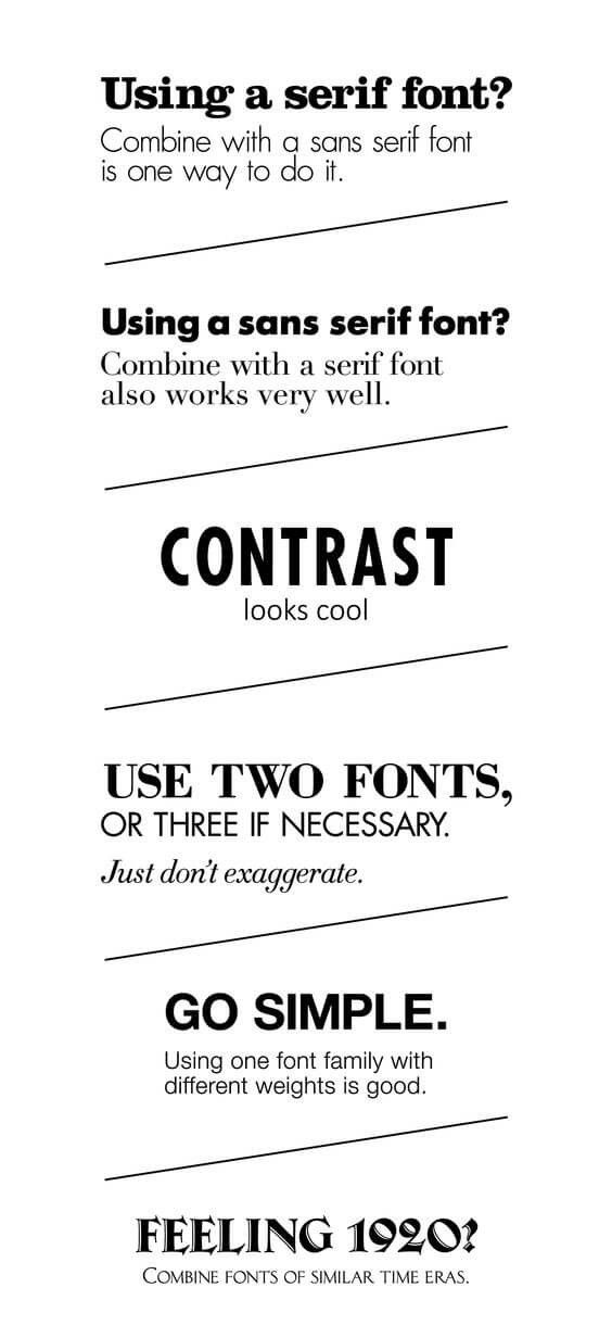 the image is a graphic design tip sheet about font pairing and typography. it suggests combining serif fonts with sans serif fonts, using contrast, limiting the number of fonts, keeping it simple by using one font family with different weights, and combining fonts from similar time eras. the overall design is minimalist with lines separating each tip.