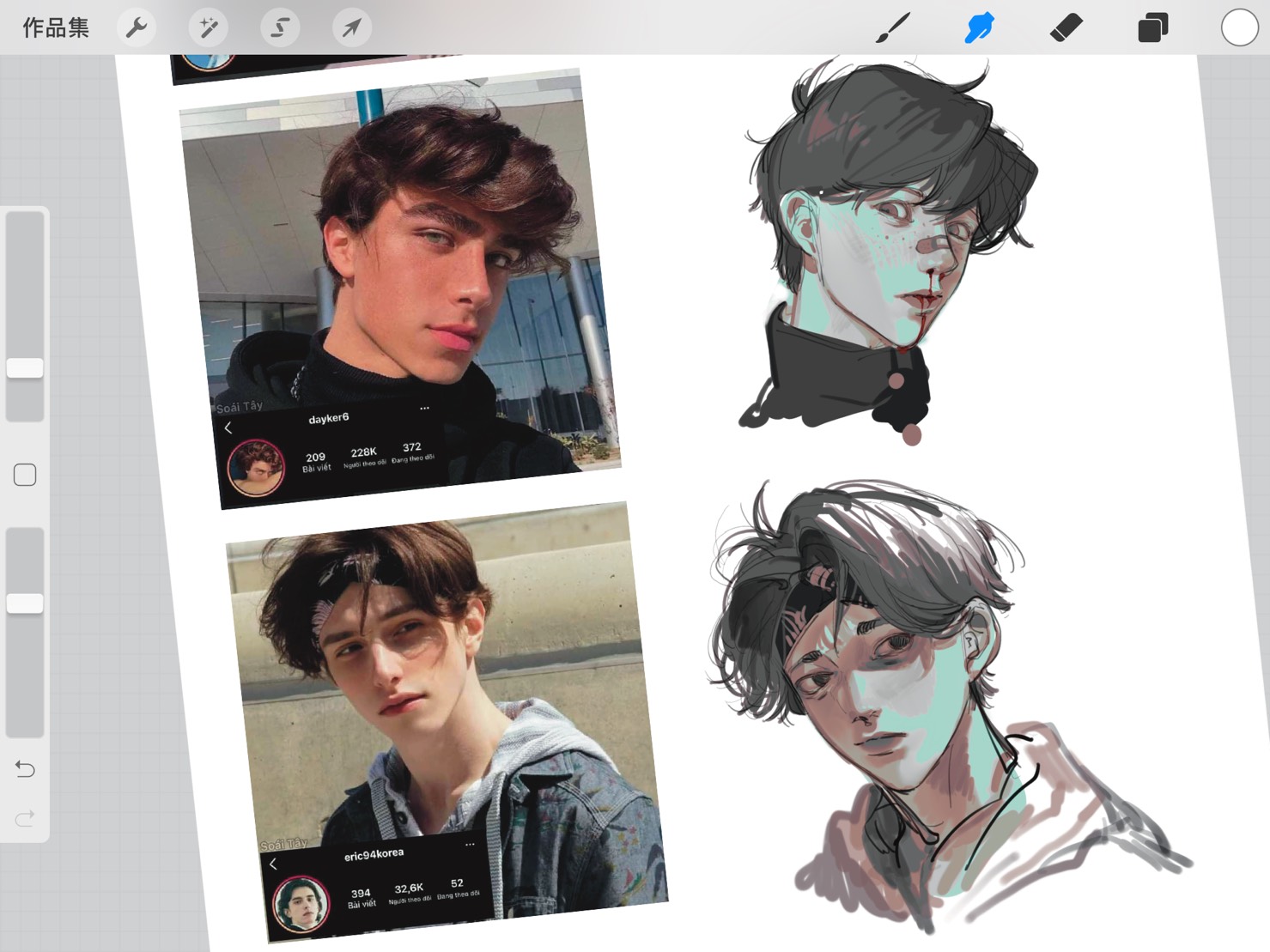 the image is a digital art collage featuring a grid of four images. two of the images are real life portraits of attractive young men while the other two are digitally drawn portraits of androgynous men in an anime style.```