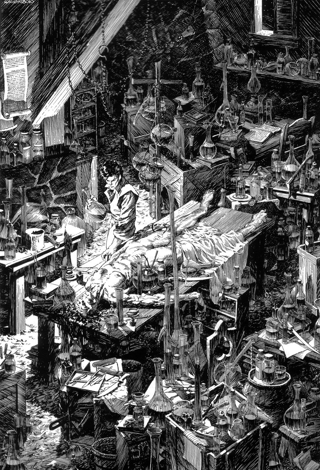 the image depicts a scene in a dimly lit laboratory, likely in the victorian era. the space is cluttered with scientific equipment and alchemical paraphernalia. a large, monstrous figure lies dead on a table, while a man in a long coat, presumably a scientist, stands over him, examining the body with a smoking pipe in his hand. the atmosphere is dark and macabre, suggesting themes of death, experimentation, and gothic horror. the bird'seye view adds to the sense of chaos and voyeurism.