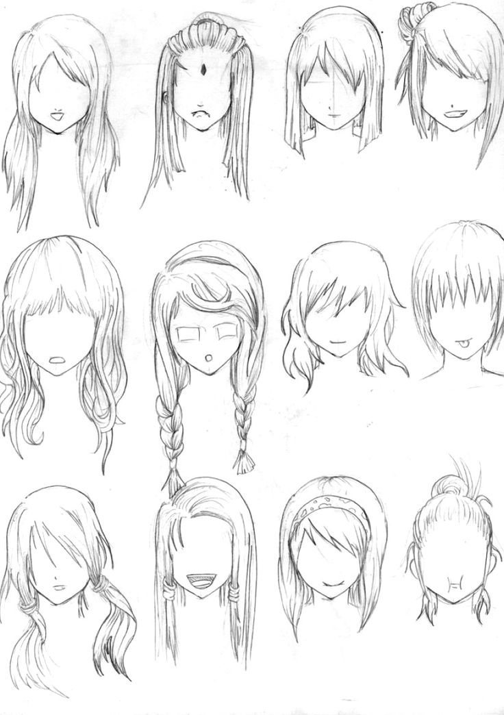 the image is a collection of pencil sketches showcasing various female hairstyles. it features twelve different hairstyles, each drawn on a blank face template, emphasizing the hair design. the sketches explore diverse hair lengths, textures, and styles, from long and straight to braided and updo, offering a range of options for hairstyling inspiration.
