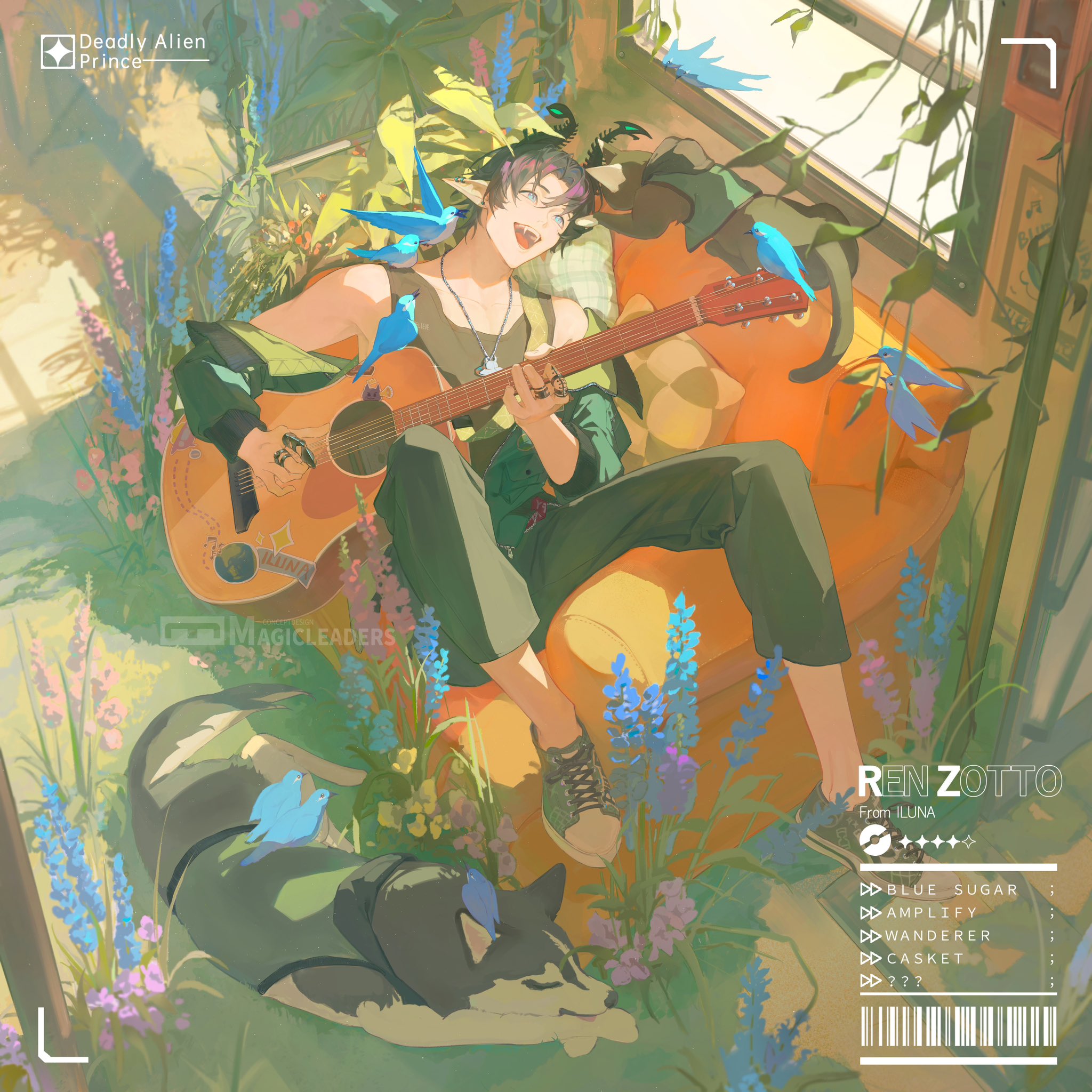 he image is a vibrant digital painting depicting a young, elflike anime boy sitting on a couch in a sunlit room filled with flowers and plants. he's playing an acoustic guitar, and several small blue birds are perched around him. a husky dog lies sleeping at his feet. the overall mood is peaceful and serene. the style is highly detailed and colorful. the bottom right corner displays the artist's name (ren zotto from illuna), and a list of song titles. the top left corner has text indicating "deadly alien prince" which is probably the title of a work.