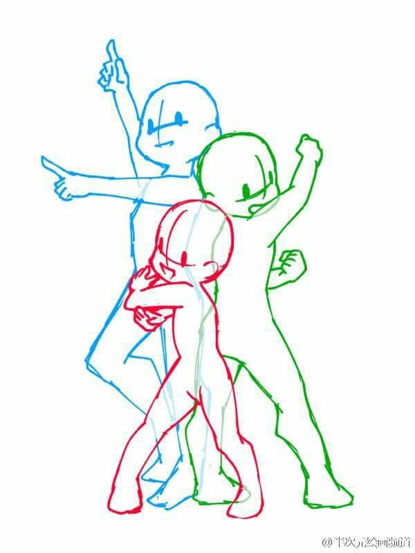 a drawing of three anime/manga characters in different poses. they are outlined in blue, green, and red, with all of their lines visible. it appears to be a base to draw on. the characters are facing different directions and are in various poses, such as one with their arm raised and pointing.