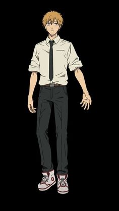 this is an anime drawing of a young, fairskinned man with short, blond hair. he is wearing a white, buttondown shirt with the sleeves rolled up to his elbows. he has on a black tie, black pants and red and white sneakers. he is standing against a black background.