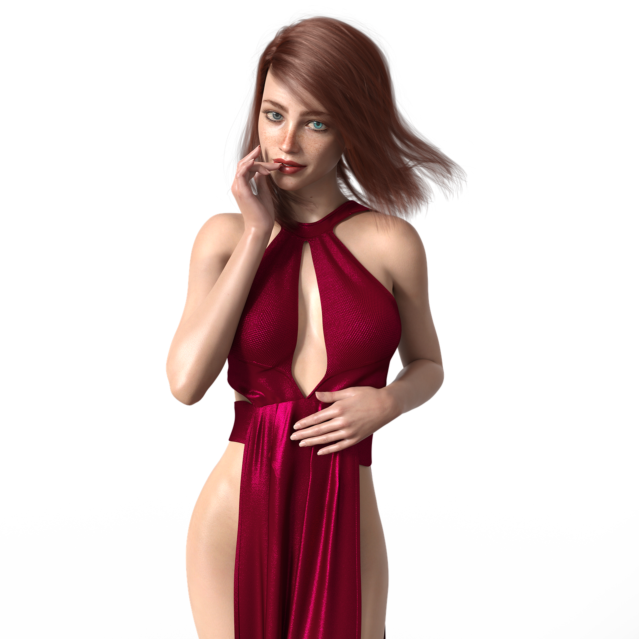 a 3d rendering of a woman with auburn hair and blue eyes, wearing a red halter dress, posing against a black background. she has freckles and her hand is near her mouth in a thoughtful gesture.