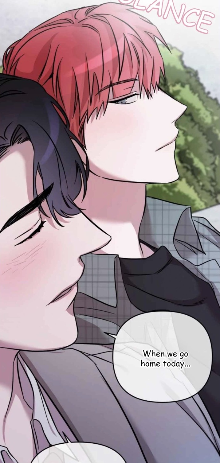 he image is a closeup shot of two young men, one with red hair and the other with black hair, embracing intimately. they are close together, suggesting a romantic relationship. the redhaired man has his eyes closed, while the blackhaired man's eyes are slightly open. a thought bubble above them says "when we go home today...". the style is reminiscent of manga or boys' love (bl) comics, with a focus on emotional intimacy and romantic tension. the scene is set outdoors in a parklike setting.