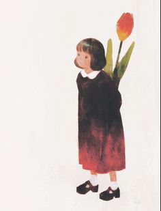 this is a minimalist illustration of a girl holding a tulip. she is wearing a black and red dress and black shoes. the background is white. the illustration style is simple and charming, with soft lines and a muted color palette.