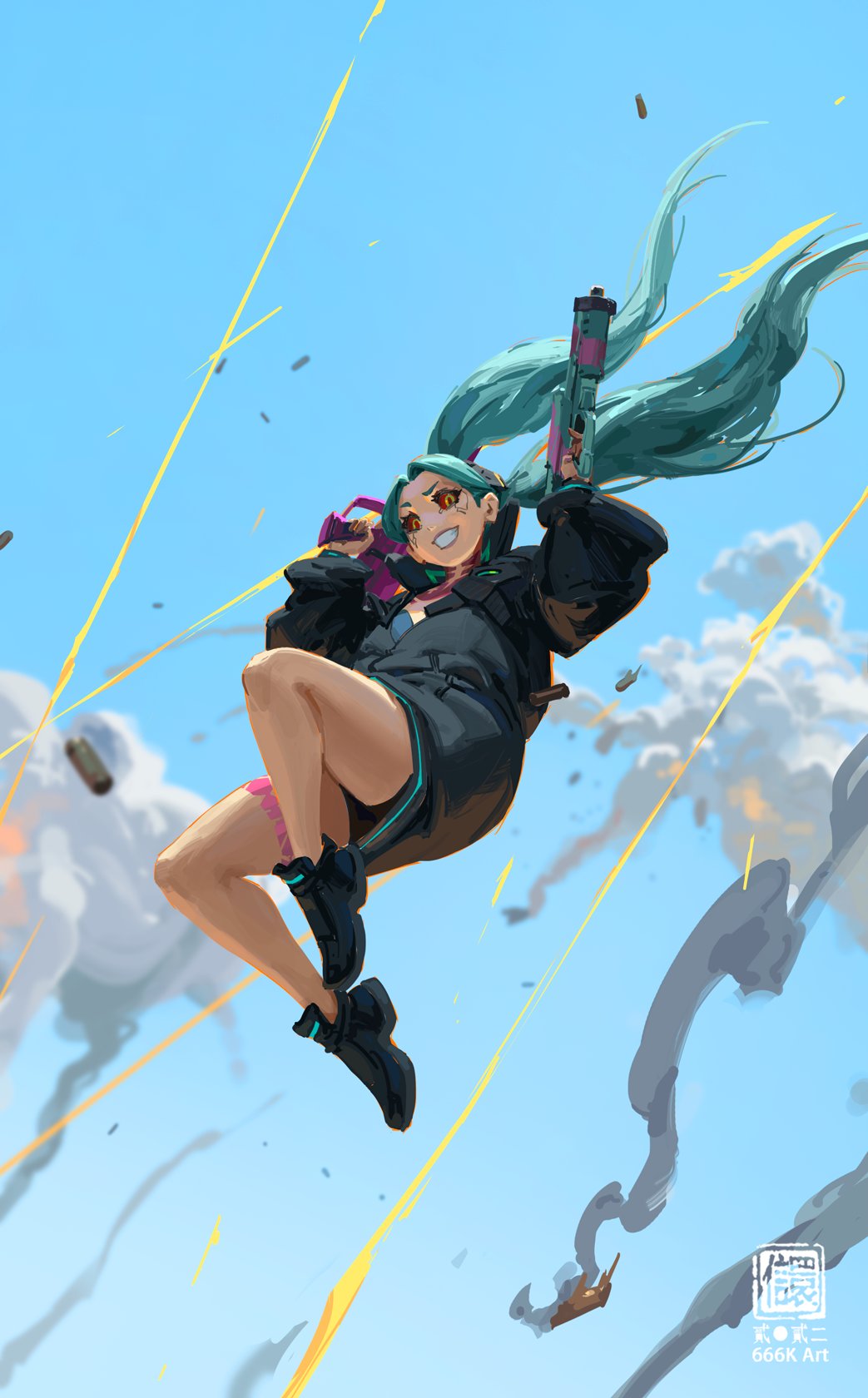 the image is a vibrant digital illustration depicting an animestyle girl with teal hair, soaring through the sky. she's holding a futuristiclooking gun and appears to be in the midst of an intense action sequence, as indicated by the explosions and streaks of light in the background. her clothing is a mix of casual and futuristic elements, and her determined expression adds to the dynamic energy of the scene. the style is reminiscent of anime and cyberpunk art, with bold colors and dynamic lines conveying a sense of motion and excitement. the artist's signature, "666k art," and the artist's initials are visible in the lower right corner.