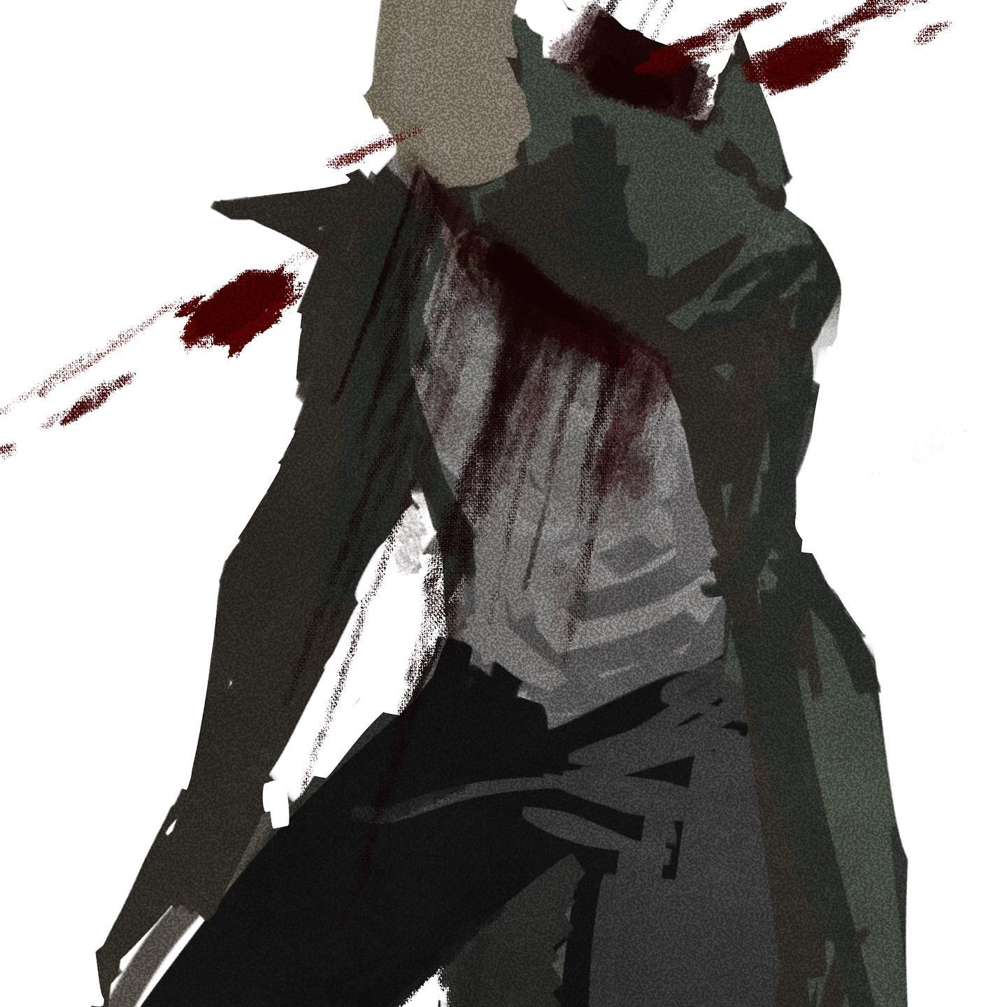 the image shows a man severely injured with multiple wounds on his torso and head, blood splattered across his clothes and body. the art style is rough and sketchy, emphasizing the violence inflicted upon the subject. the monochrome palette with shades of grey and black further enhances the grim and somber atmosphere.