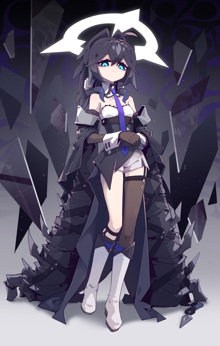 an anime style illustration shows a fullbody view of a woman with dark hair and blue eyes, standing against a backdrop of geometric shapes. she has a white halo above her head and wears a unique outfit with elements of black, white, and blue. the outfit includes gloves, boots, and a tie. the background features abstract geometric shapes in varying shades.