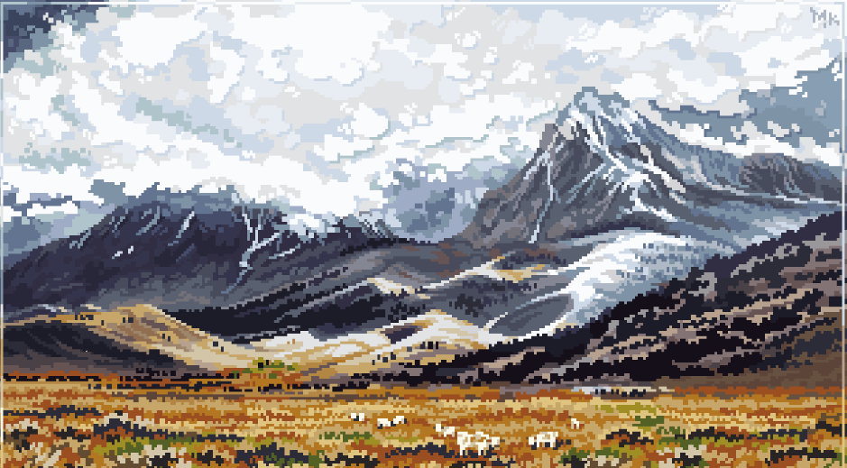 this is a pixel art image depicting a serene landscape of majestic snowy mountains. the foreground is a vast, flat field of autumnal colors, with a small flock of sheep grazing peacefully. the mountains in the background are detailed with varying shades of gray, brown, and white, indicating snow and rock formations. the sky above is a cloudy mix of white and light blue. the overall style mimics the aesthetic of 8bit or lowresolution video game graphics.