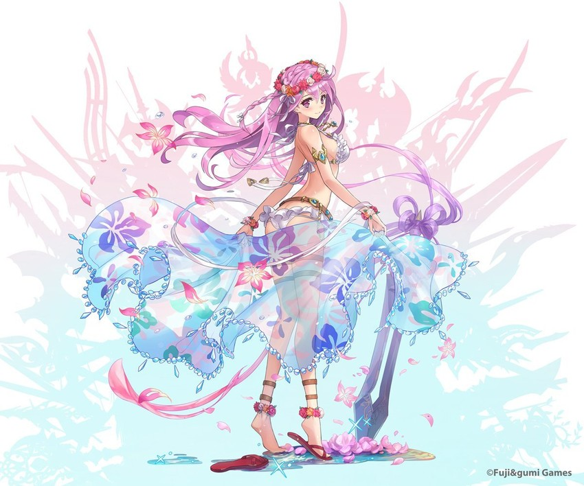an anime girl with long pink hair and purple eyes stands barefoot on a beach. she is wearing a flower crown, floral bikini, and a sheer floral sarong that billows around her legs. a large weapon with a purple ribbon rests beside her right foot. the background is an abstract design of pale blues and pinks, creating a soft, ethereal atmosphere.