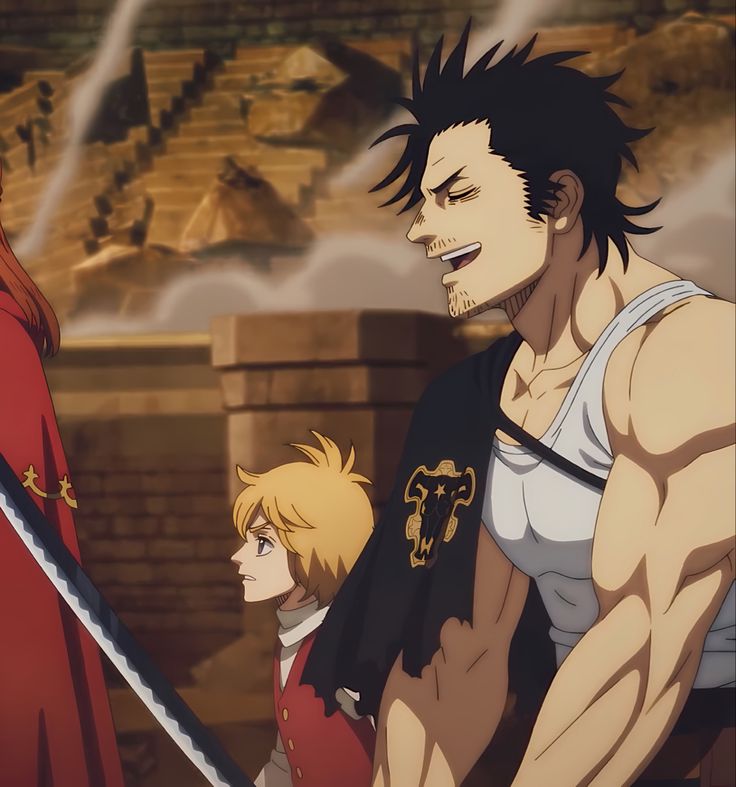 this is a scene from the anime black clover. it shows yami sukehiro, the captain of the black bulls, laughing while standing next to asta. asta has his sword drawn and is looking in the direction of the camera. yami is wearing his signature black cloak with the black bulls insignia, while asta is wearing his typical red and black outfit. the background is a ruined building. the image suggests that the black bulls are in the midst of a battle.
