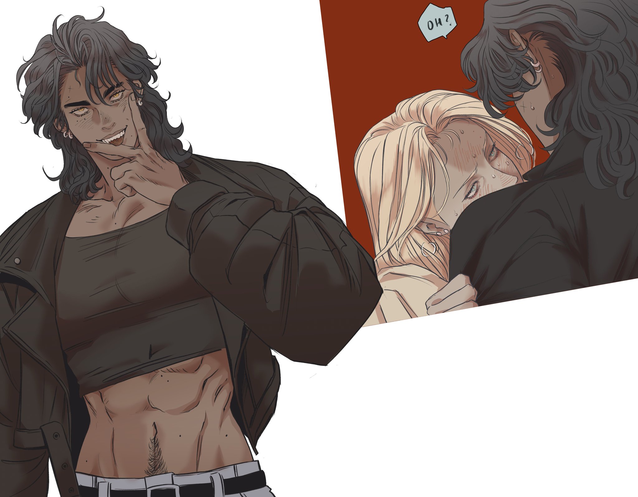 an illustration of a muscular man with dark hair, pale yellow eyes, and sharp teeth, dressed in a black leather jacket and a cropped top, showing his abs. he is touching his lips with his finger, looking seductive. in the background, there's a scene of him embracing a blonde woman who looks emotional, with a speech bubble above them saying "oh?". the background is a deep red color.