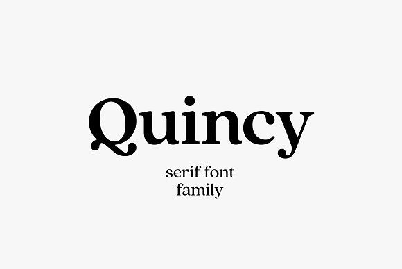 the image is a typography display of a serif font named quincy. the word "quincy" is written in bold black letters on a white background. underneath the word is the text "serif font family" in regular black letters.