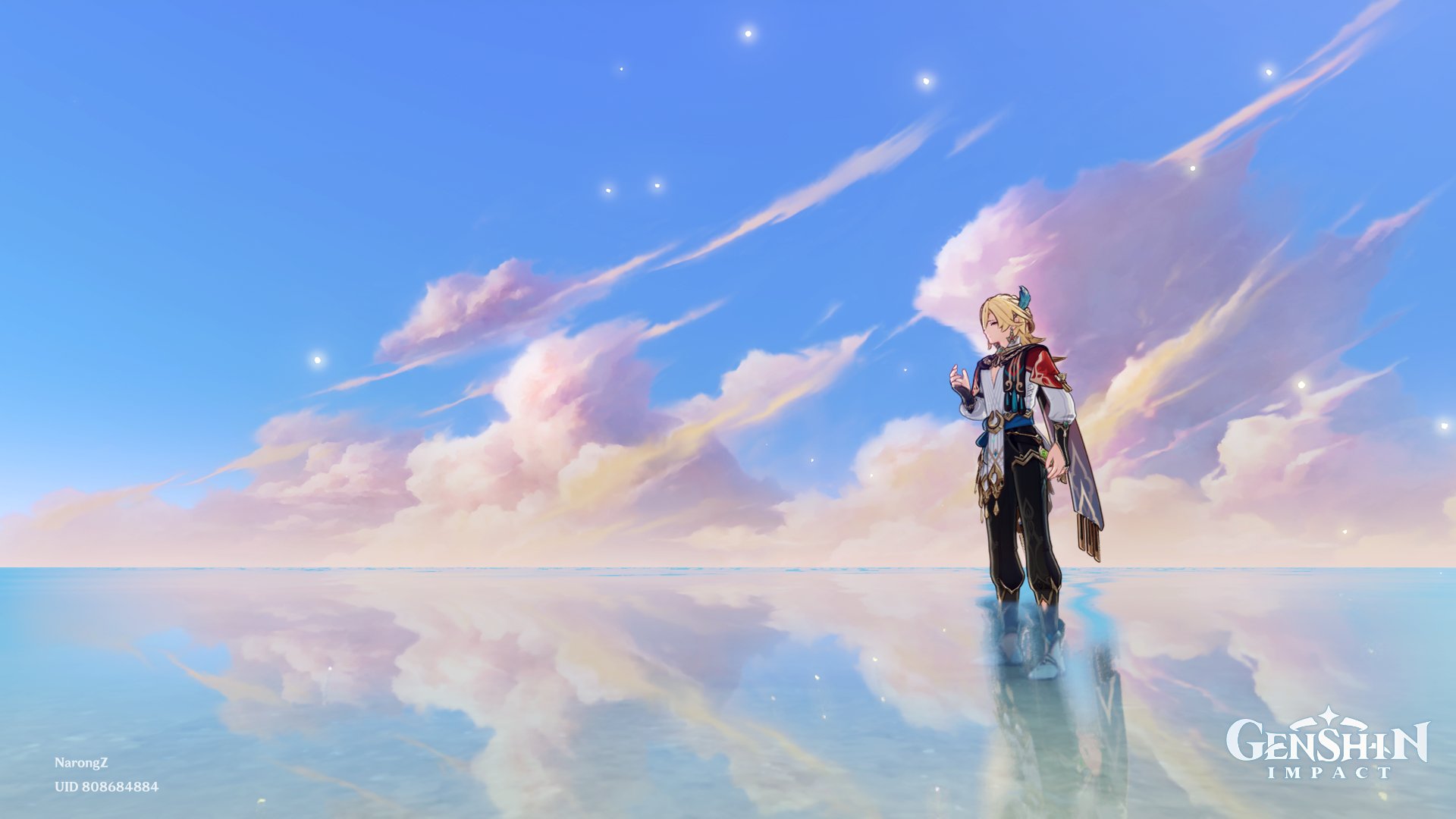 this is a video game screenshot from genshin impact, the character albedo is standing in front of a reflective ocean with the setting sun reflected in the water and clouds in the sky. the sky is full of pastel colors, with a few stars twinkling in the background.  the image is taken at a wide angle to capture the expanse of the sky and water.  albedo is standing in the middle of the scene, looking up at the sky.