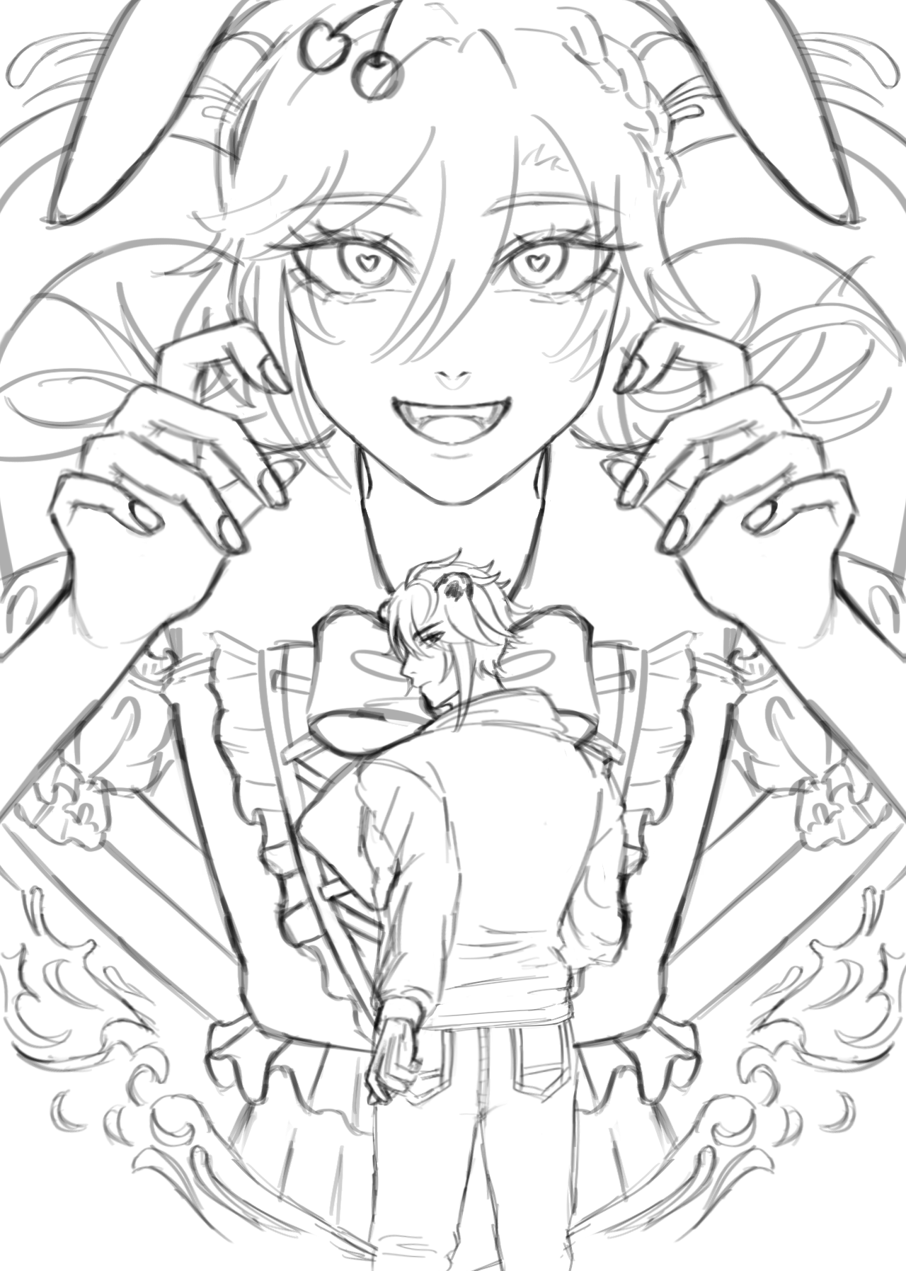 a black and white line art image features a woman in a bunny girl outfit with bunny ears and cherries in her hair, positioned above a man who is facing away from the viewer. the woman has heartshaped pupils and is smiling with visible teeth, suggesting a playful or mischievous expression. her hands are raised in a gesture. the man is wearing jeans and a jacket, and his back is turned. the background includes ornamental swirls and details on the woman's dress.