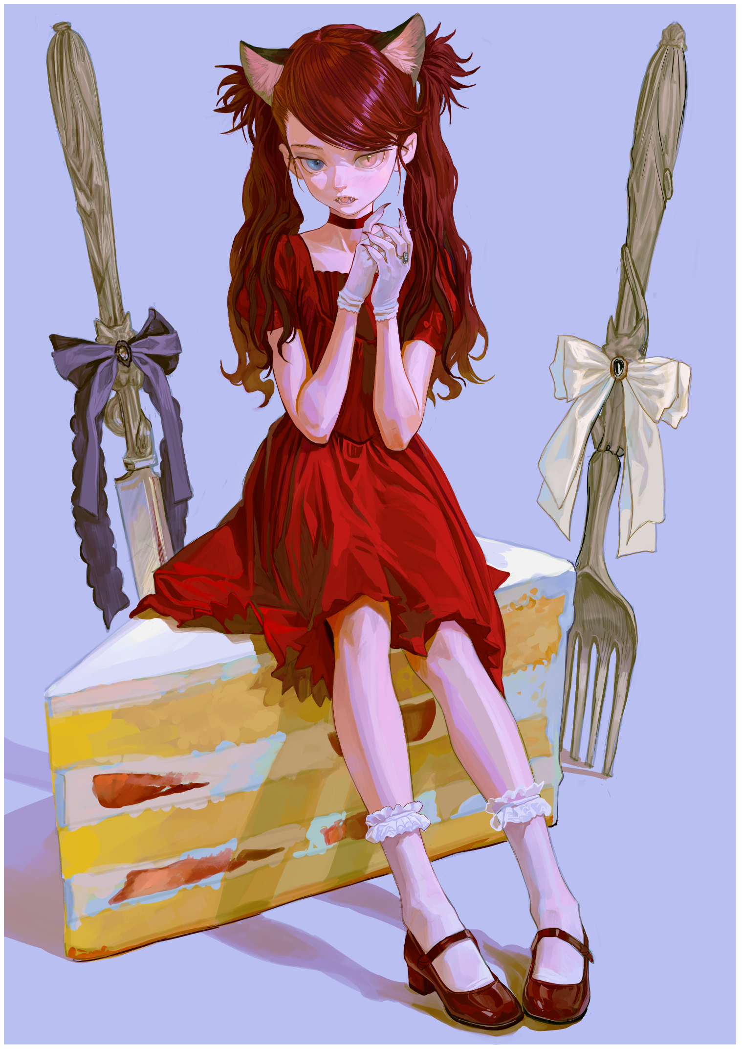 a digital art illustration depicts a young girl with cat ears sitting on a large slice of cake. she wears a red dress, white gloves, and mary jane shoes with frilly white ankle socks. her hair is styled in pigtails and she appears to have heterochromia (different colored eyes). a large fork with a white bow and a knife with a blue bow stand beside the cake. the background is a pale blue color.