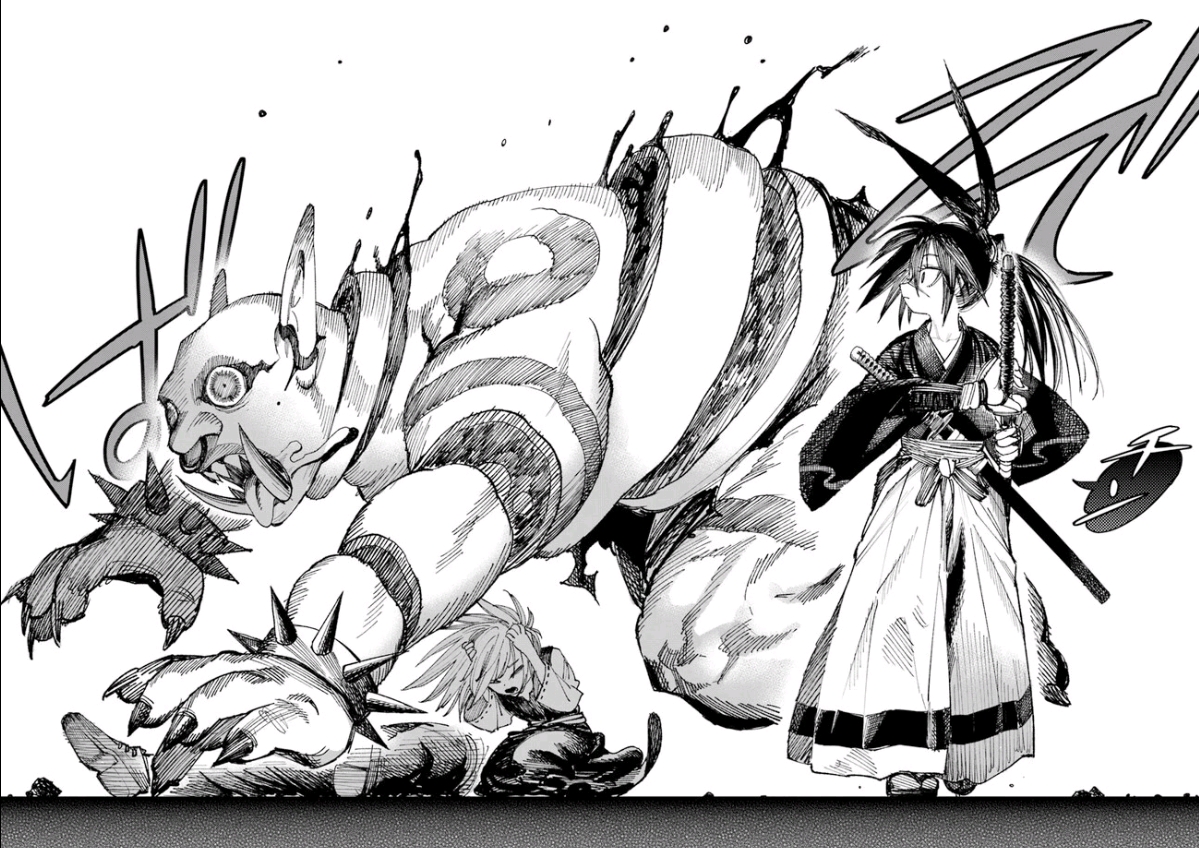 a manga illustration shows a fight scene. a humanoid monster with rabbit ears, sharp claws with spikes, and a striped body stands over a fallen person. to the right, a person in a kimono and sword stands ready to fight the monster.