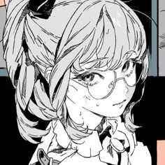 a black and white illustration of a young anime girl with her hair tied up and glasses on, wearing a collared top and looking slightly off to the side.